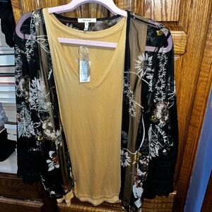 Maurices Yellow Tank and Black with flower details 3/4 Sleeve Kimono Style Top